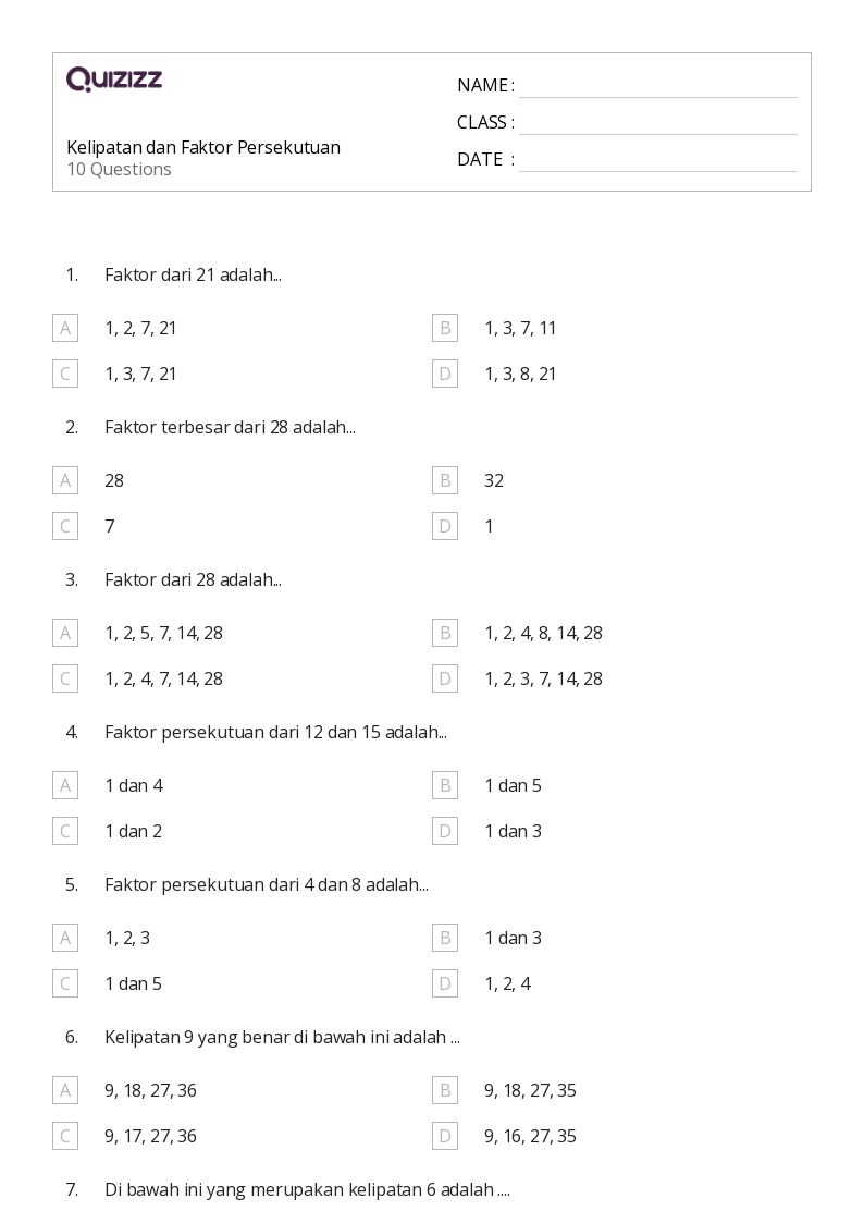 50 lembar kerja Faktor dan Kelipatan untuk Kelas 5 di Quizizz Gratis 50 lembar kerja Faktor dan Kelipatan untuk Kelas 5 di Quizizz Gratis