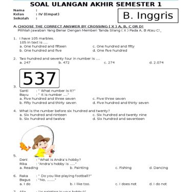 7 Contoh Soal Bahasa Inggris Kelas 4 Semester 1 Terbaru 2026, Bikin Anak Pintar