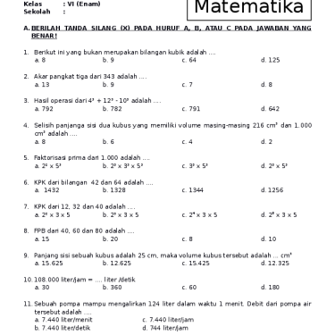 5 Lembar Kerja Soal Matematika Kelas 6 Semester 1 Kurikulum 2013 Siap Cetak, Wajib Tahu!
