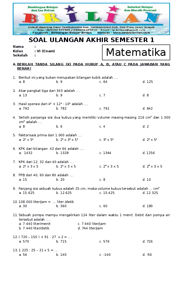 5 Lembar Kerja Soal Matematika Kelas 6 Semester 1 Kurikulum 2013 Siap Cetak, Wajib Tahu!
