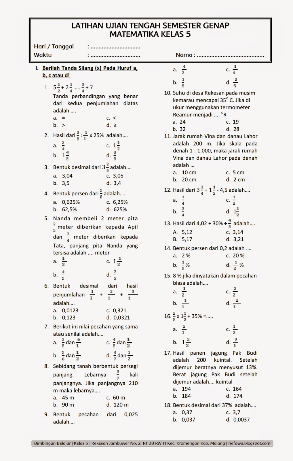 7 Lembar Kerja Soal Matematika Kelas 5 Semester 2 Kurikulum 2013 Siap Cetak yang Jarang Diketahui Guru