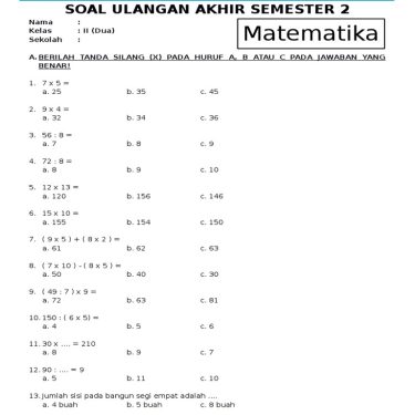 7 Soal PTS Kelas 2 Semester 2 Paling Sering Muncul di 2026, Wajib Tahu