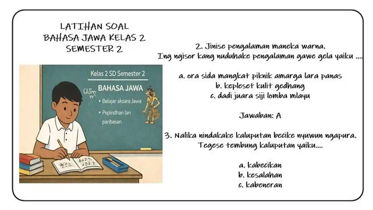 15 Soal Bahasa Jawa Kelas 2 Semester 2 Pilihan Ganda dan Kunci Jawaban 15 Soal Bahasa Jawa Kelas 2 Semester 2 Pilihan Ganda dan Kunci Jawaban