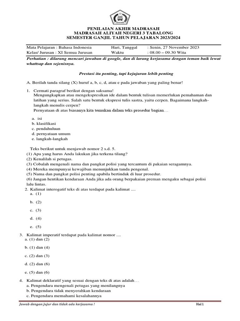 SOAL Bahasa Indonesia Kelas XI Semester 1 PDF SOAL Bahasa Indonesia Kelas XI Semester 1 PDF