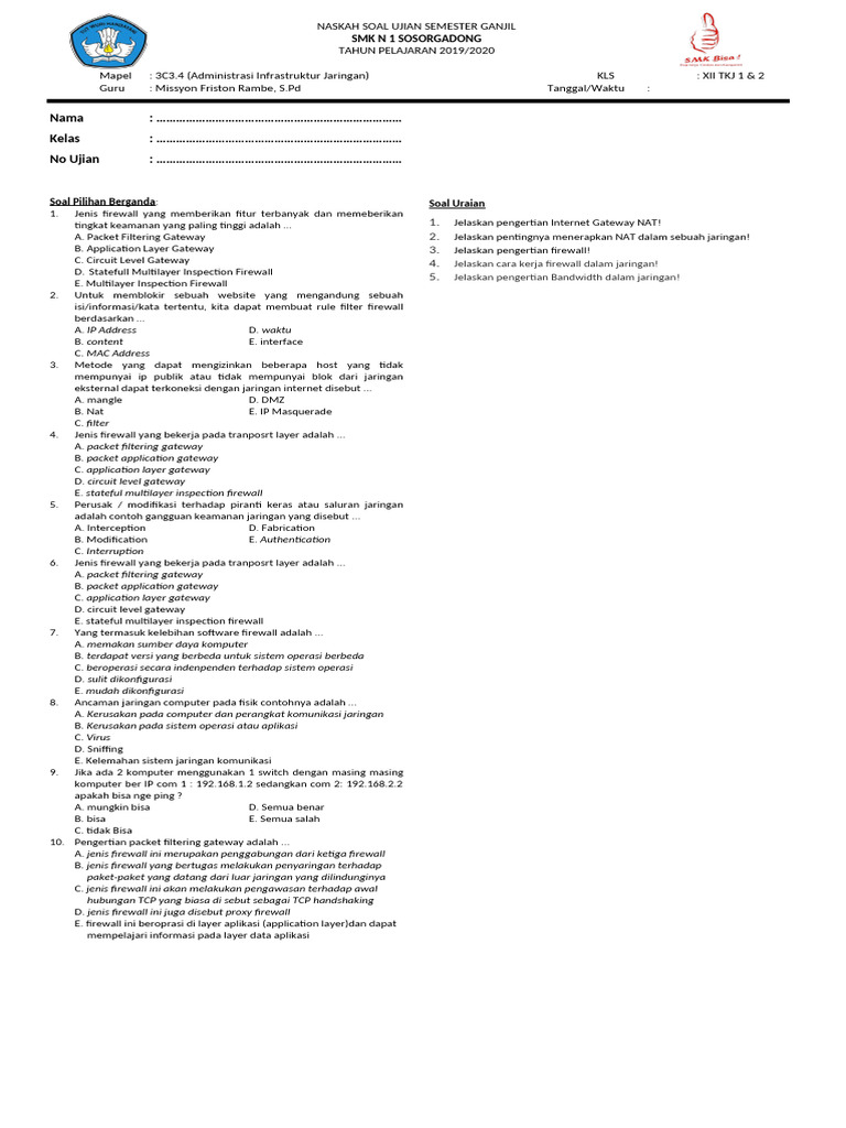 Soal Ujian Administrasi Jaringan 2019 PDF