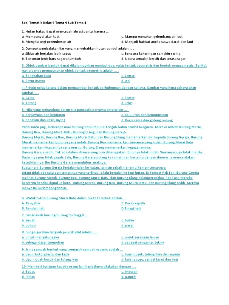Soal Tematik Kelas 4 Hutan dan Pancasila PDF Soal Tematik Kelas 4 Hutan dan Pancasila PDF