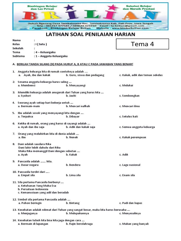 Soal Tematik Kelas 1 SD Tema 4 Subtema 1 Anggota Keluargaku Dan Kunci Soal Tematik Kelas 1 SD Tema 4 Subtema 1 Anggota Keluargaku Dan Kunci
