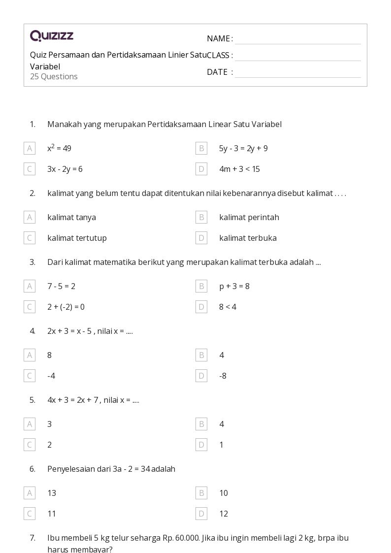 50 lembar kerja Persamaan Satu Langkah untuk Kelas 7 di Quizizz