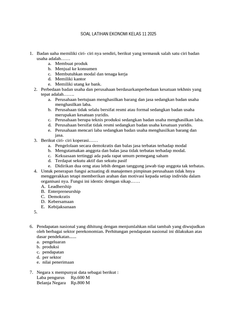 Soal Latihan Ekonomi Kelas 11 2025 PDF Soal Latihan Ekonomi Kelas 11 2025 PDF