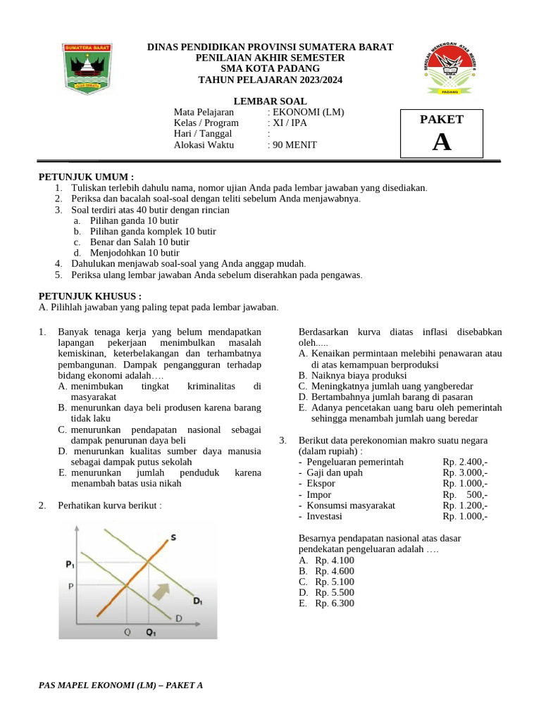Soal Ekonomi SMA Kelas XI 2023 2024 PDF
