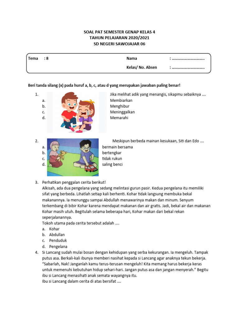 Soal PAT Kelas 4 SD 2020 2021 PDF Soal PAT Kelas 4 SD 2020 2021 PDF