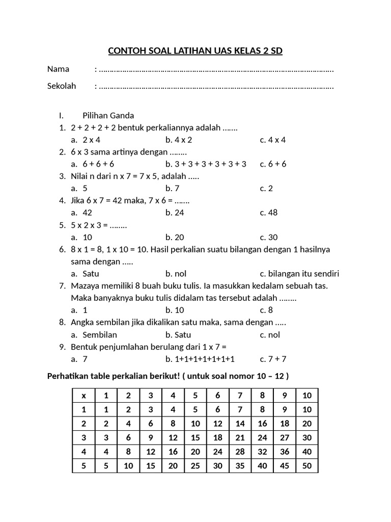 Soal Latihan UAS Matematika Kelas 2 SD PDF Soal Latihan UAS Matematika Kelas 2 SD PDF