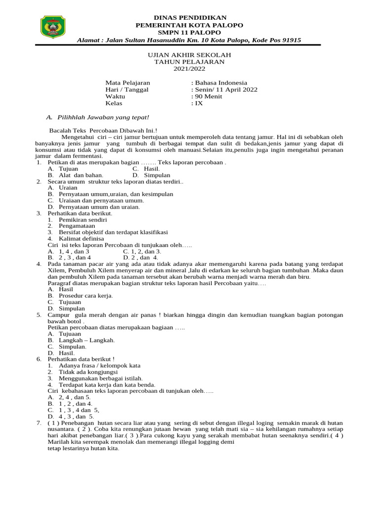 contoh soal pg bahasa indonesia bab 1 kelas x