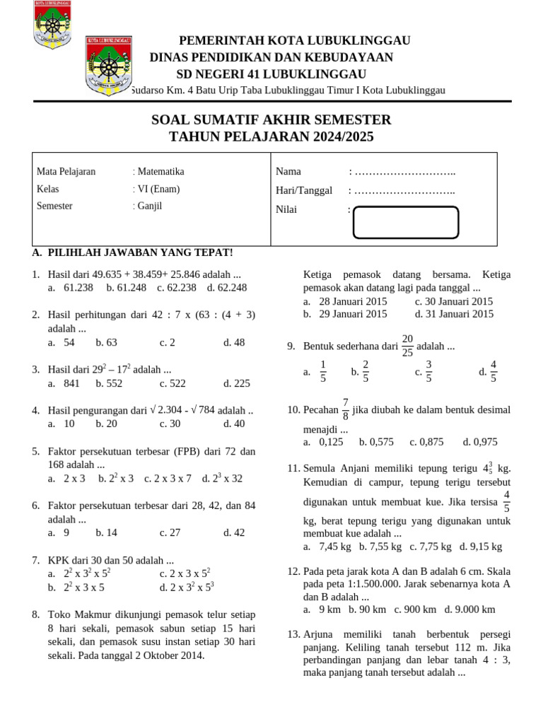 Rahasia Nilai Sempurna: Latihan Soal Kelas 6 Matematika Semester 1 yang Wajib Dicoba Rahasia Nilai Sempurna: Latihan Soal Kelas 6 Matematika Semester 1 yang Wajib Dicoba