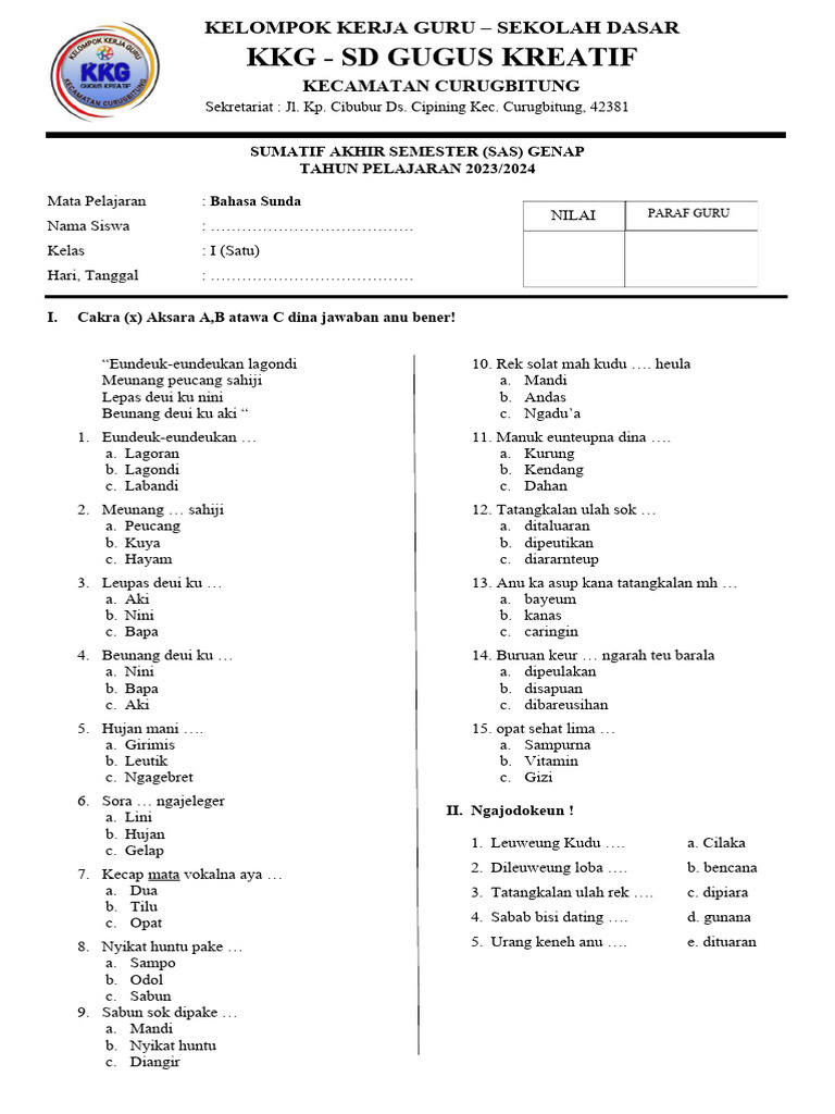 Wajib Tahu! 5 Contoh Soal Bahasa Sunda Tema 6 Kelas 1 Kurtilas Agar Nilai Sempurna
